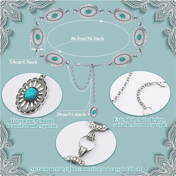2 Pcs Flower Turquoise Concho Chain Waist Belt Silver Metal Western Chain Belts main image 3